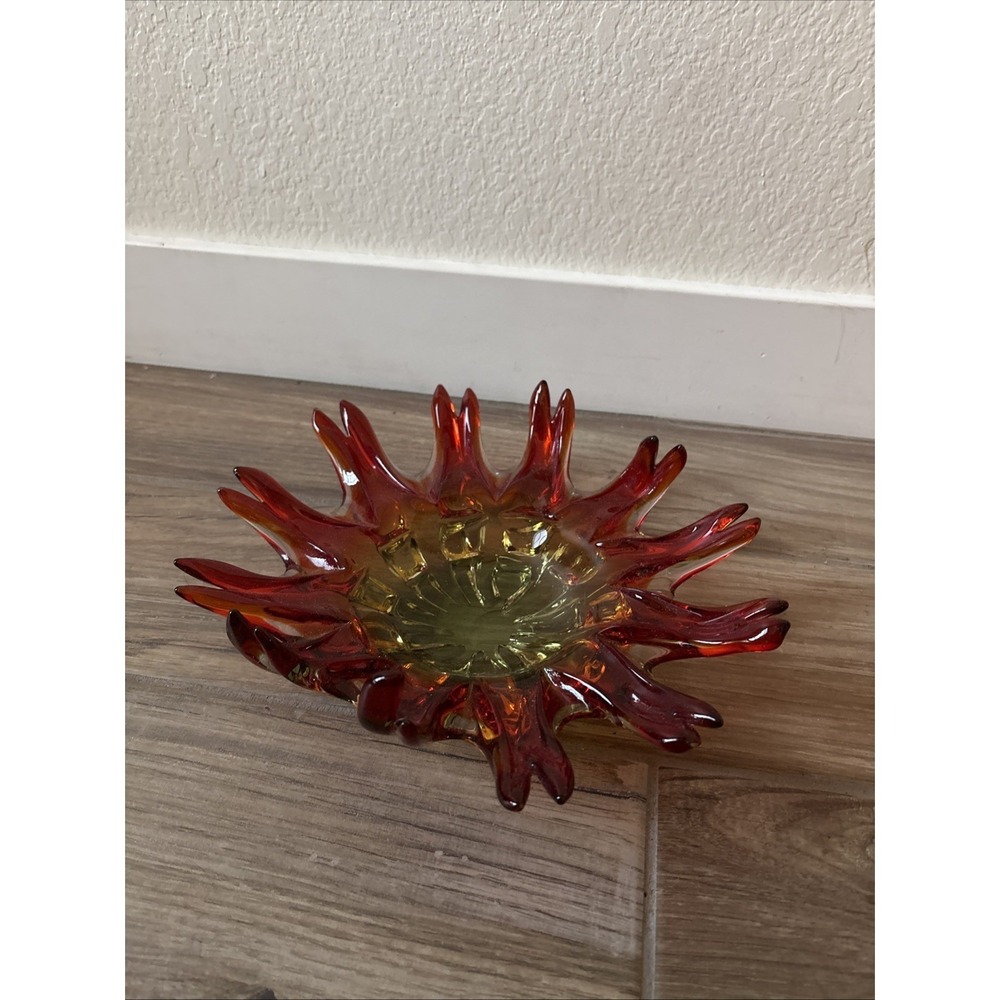 Vintage SUN BURST 11" orange murano glass bowl mcm table art sculpture potpourri